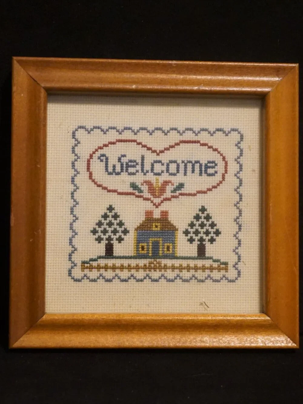 Vintage Welcome House Cross Stitch Medium Wood Framed